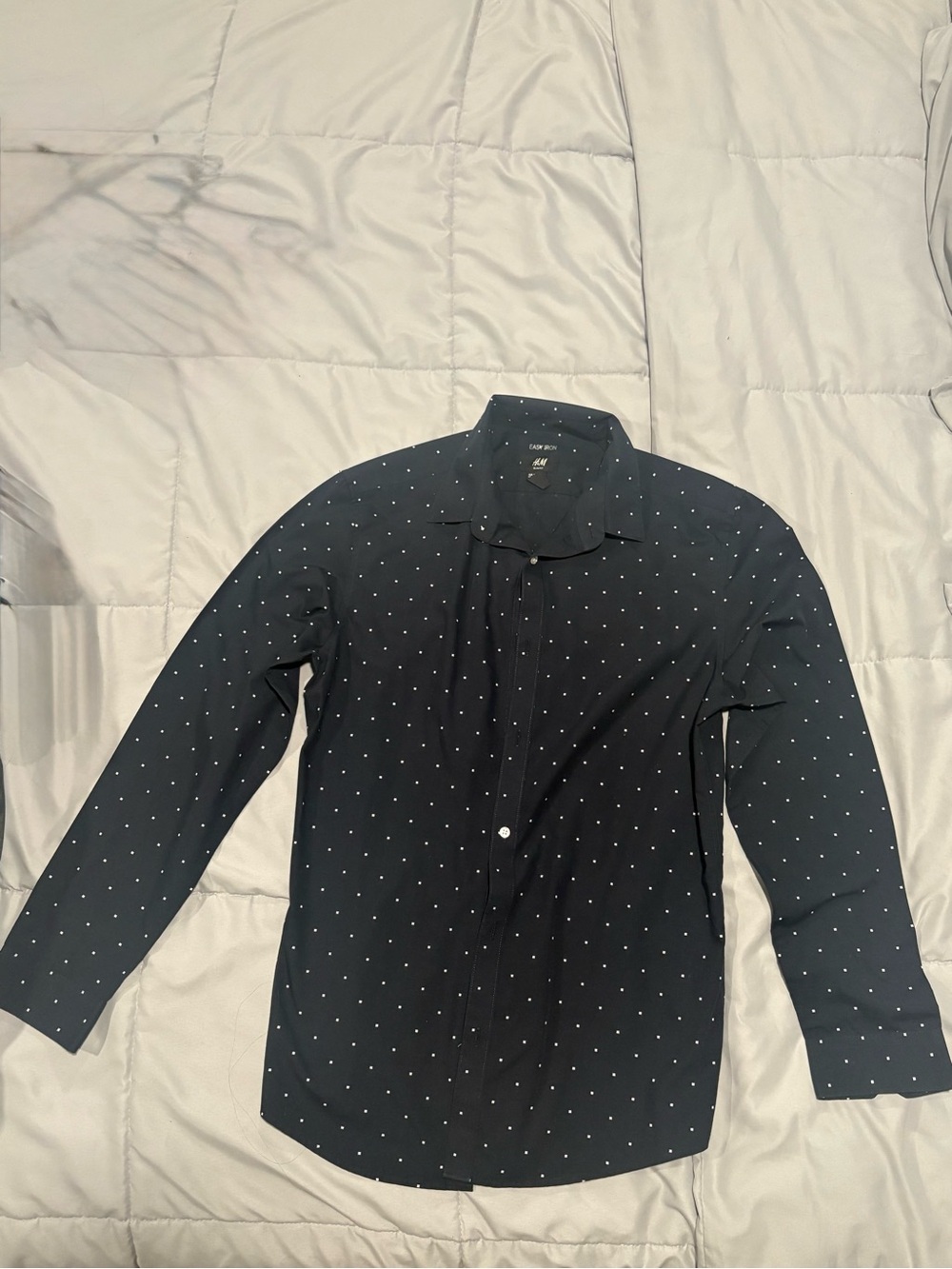 H&M Navy Blue Long-Sleeve Button-Up with White Microdots